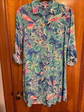 Lilly Pulitzer Blue Teal Pink Botanical Button-Front Dress shirt dress